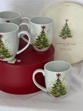 Pottery Barn Holiday Cheer Christmas Tree All is Bright All is Calm Mug Set Of 4